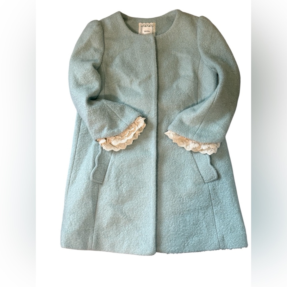 Vintage-Inspired Light Blue Trench Coat with Lace Cuffs